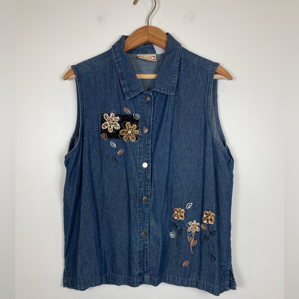 Vintage 90s Embroidered Denim Vest Floral Patchwork Cottagecore Boho Layering